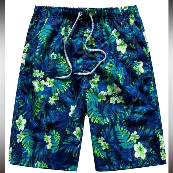NEW Men’s Floral Quick Drying Casual Beach Swim Trunks (Blue Green Floral Print) - Picture 1 of 11